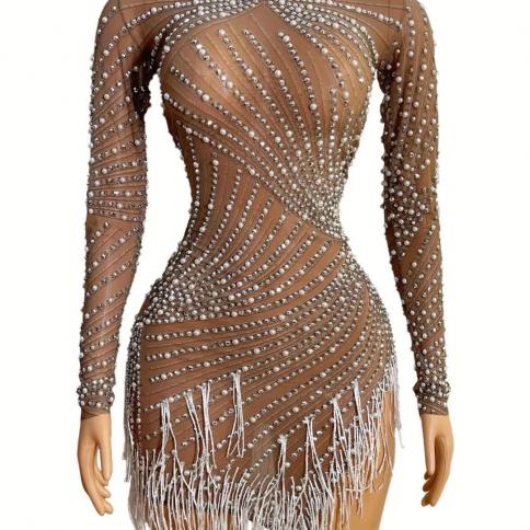 שמלות נשף לנשים אופנה שרוול ארוך חם מקדחה צמוד מסיבת ערב מועדון לילה מיני חצאית חצאית חרוזים ציצית שמלת אישה