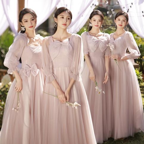 שמלת שושבינה מסיבת חתונה מונוכרומטית לנשים אלגנטית עם קשת ארוכת שרוולים חצאית ארוכה שמלות נשף שמלות נשף