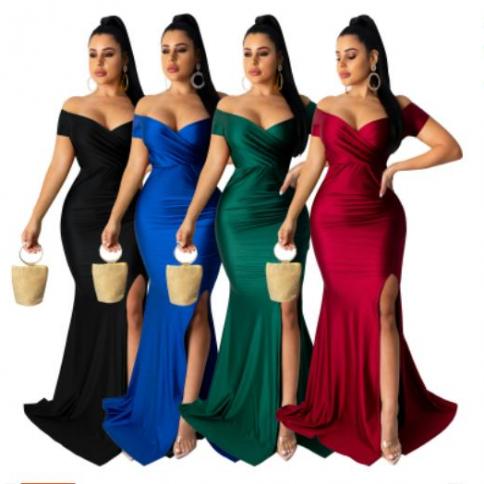 שמלת נשים מועדון לילה צווארון V מוצק חצאיות ארוכות שסע אופנה אלגנטי vestidos שרוולים קצרים מסיבת ערב שמלת נשים