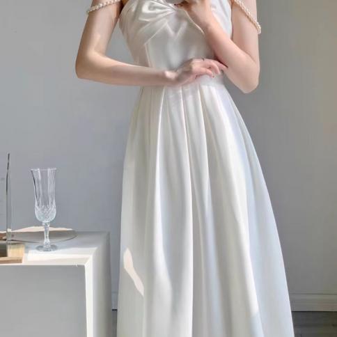 שמלות מסיבת חופשה איילוסי לנשים קלע פנינה לבנה קשת ללא שרוולים באורך בינוני חצאית שמלת נשים vestidos