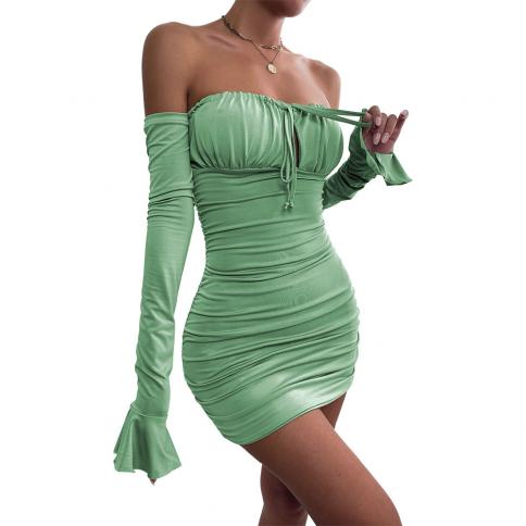 Boob Tube Top Lade-up Push Up Long Sleeve Dress Flounce Sleeve Bodycon  Ruched Mini Dress Women Off Shoulder Dresses size L Color Mint