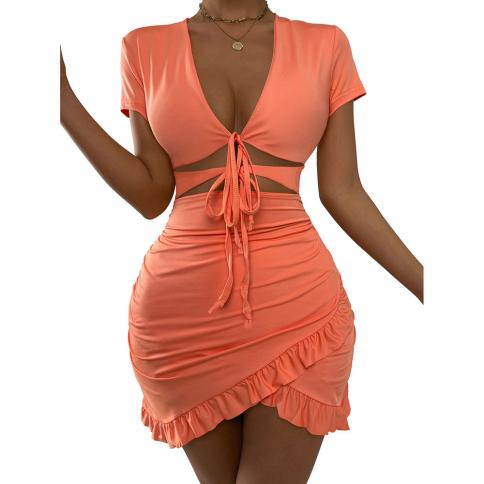 Bodycon Summer Dress Party Club Bridesmaid Short Sleeve Party Bandages Show Hilum Tie Open Front Crop Women Hollow Out D size S Color Orange