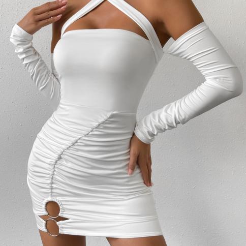 תליית צווארון מוצלב שמלת bodycon מיני שמלת נשים מחוץ לכתף שרוול ארוך גב חלול קפלים עטוף ירכיים