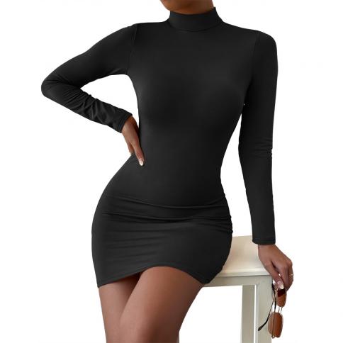 New Arrival Turtleneck Long Sleeve Skinny Mini Dress Skirt Dresses Women  Elegant Chest Slim Pleated Dress size L Color Black