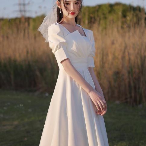 שמלת שושבינה לבנה לנשף לנשף שרוול קצר צווארון מרובע חצאית חתונה שמלות ערב לנשים vestidos de
