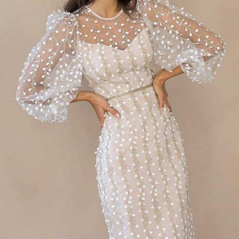 שמלת נשים אלגנטית לנשים מסיבה רקומה רשת שקופה שרוול ארוך צוואר מרובע דק שמלת מקסי traf vestidos אישה