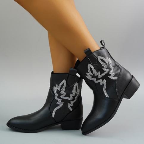 מגפי נשים dropship קלאסי שחור לבן מגפי בוקרים נעלי נשים להחליק על הליכה נוחה וינטג' עקבים מרובעים מגפונים