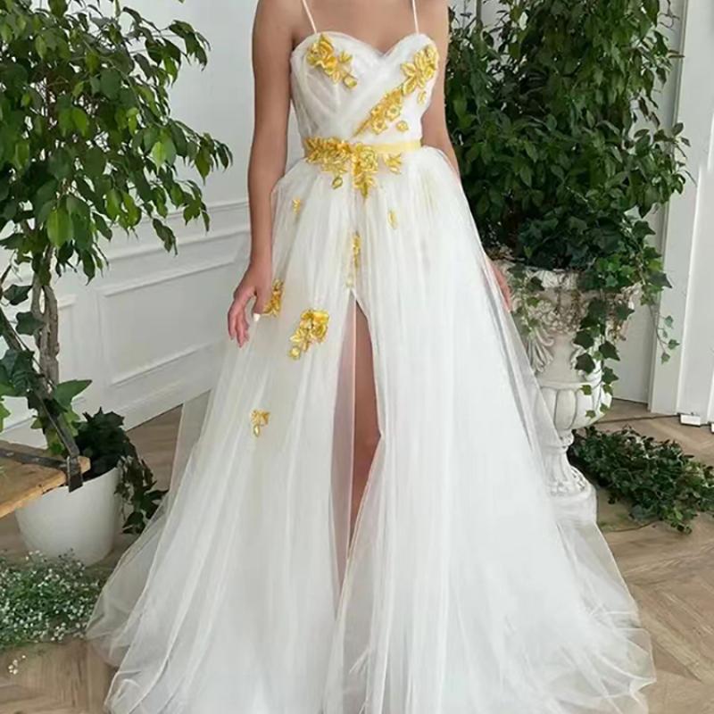 3d Gold Flowers Prom Dresses For Women 2023 Tulle Floor-length A-line Side  Slit Elegant Special Events Wedding Gala Even Color gray US Size 6