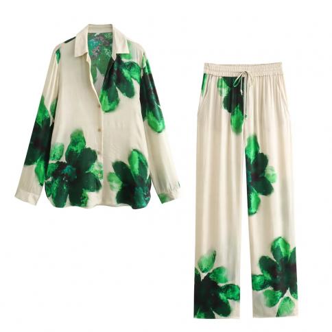 אביב/קיץ חדש בגדי נשים צווארון פולו עם שרוולים ארוכים מודפס בסגנון תלייה חולצה עם חזה יחיד+מכנסיים גבוהים