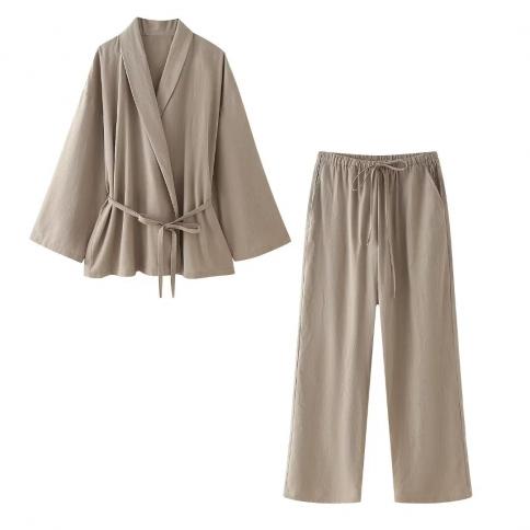 חולצת נשים באביב/קיץ בטקסטורת אופנה חדשה בסגנון קימונו מעיל חיצוני מעיל עליון סט מכנסיים גבוהים