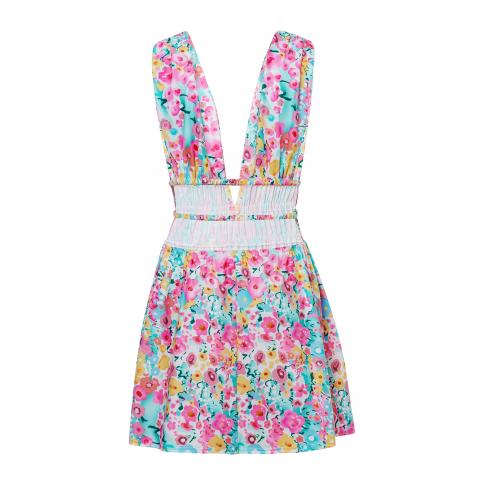 Women Summer Y2k Fairycore Grunge Mini Dress Floral Print Sleeveless  Backless V-neck E-girl Clubwear Party Dresses Sund size S Color Beige