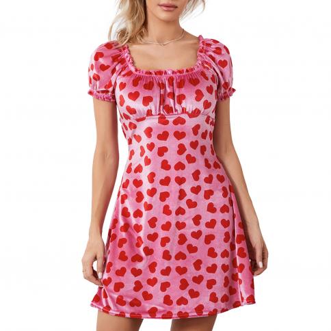 Women Summer Y2k Fairycore Grunge Mini Dress Heart Print Ruffles Short  Sleeve Sqaure Collar High Waist Party Kawaii Dres size S Color Beige