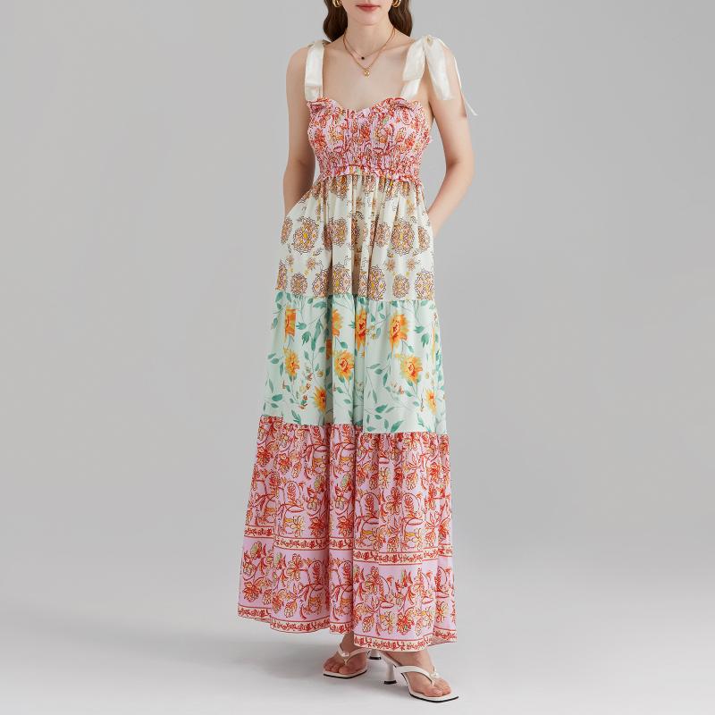 Women Summer Retro Aesthetic Dresses Flowy Maxi Dress Sleeveless Tie  Shoulder Boho Dresses Y2k Fairy Floral Beach Sundre size M Color Beige