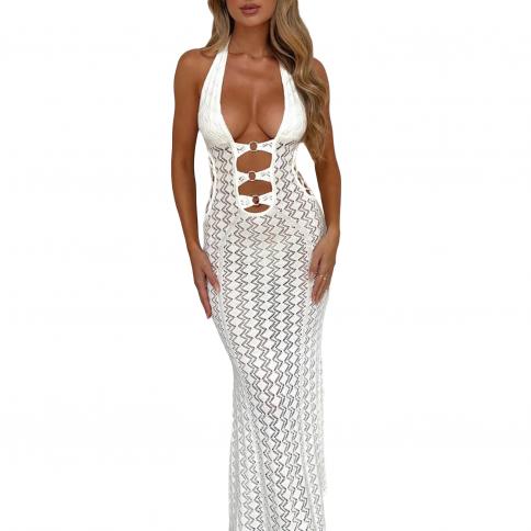 Women Crochet Knit Maxi Dress Y2k Hollow Out Bodycon Dress Sleeveless  Halter Neck Open Back Cover Up Long Dress Beachwea size M Color Beige