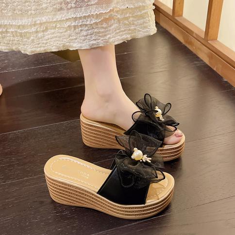 2024 קיץ חדש פלטפורמה טריז נעלי נשים קשת נעלי נשים דקורטיביות קבקבי בד קלות סנדלים בסגנון פשוט טריזים