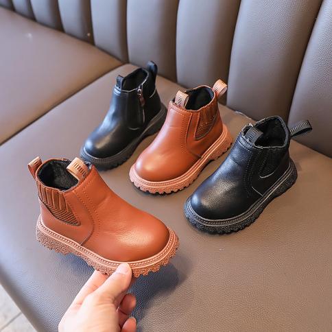 Kids Boys Girls Fashion Martin Shoes Autumn Spring Winter Anti-slip Zipper  Short Martin Children British Casual Leather Color Black Shoe Size 30