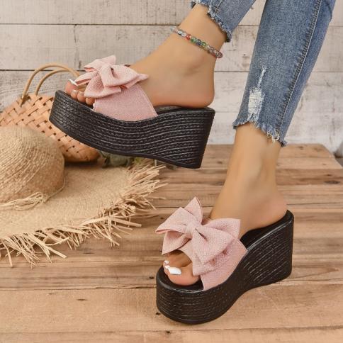 נשים נעלי בית טריז נעלי חוף חדשות קיץ אפליקציות פלטפורמה עם קשר פרפר סנדלי עקב גבוה לנשים קבק חיצוני החלקה