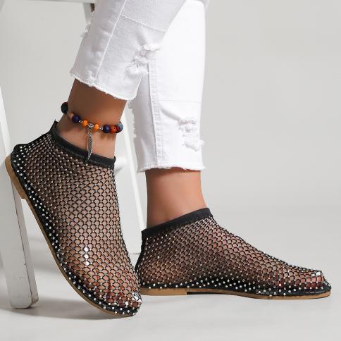 סנדלים שטוחים לנשים אופנה חדשה סנדלי רשת דייג יהלומים מלאכותיים סנדלי רשת דייגים עם תחתית שטוחה כלי נעליים רומיות שטוחות למסיבה 