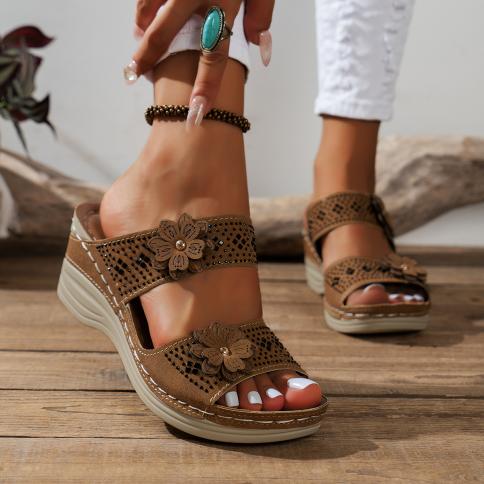 נעלי נשים פשוטות חדשות קיץ רטרו סנדלים רומאיים נשים pu מזדמנים פרח סנדלי טריז נעלי בית נשים נעלי בית