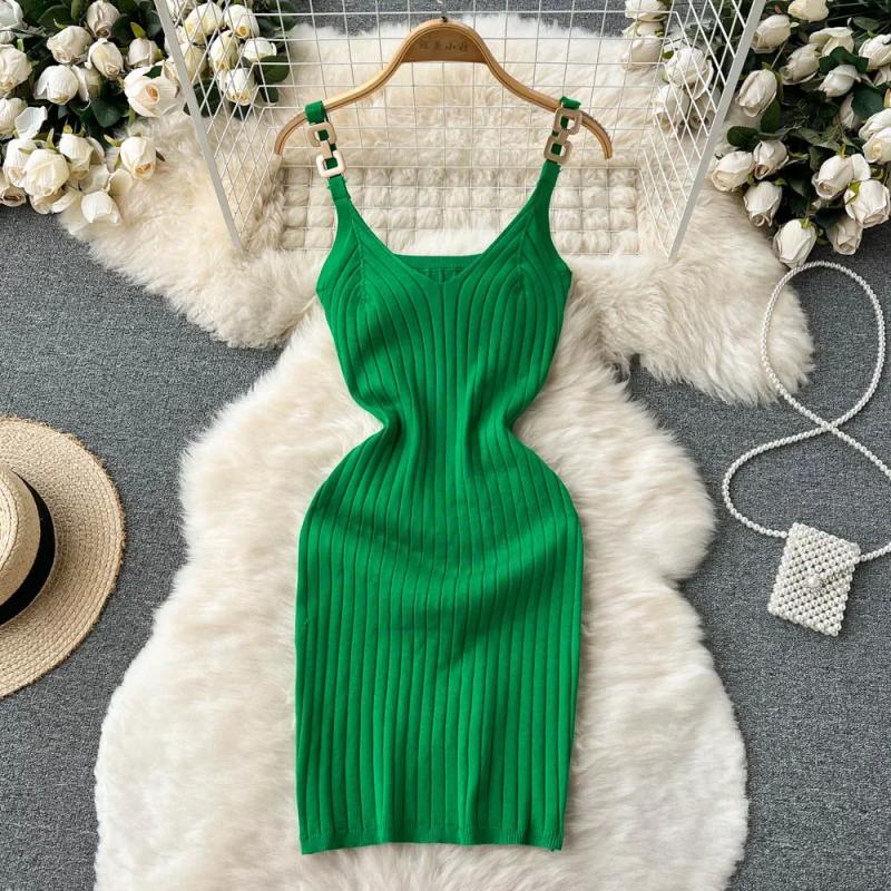 Knitted Summer Women Solid Dress 2024 Slim V Neck Elegant Vacation Fashion  Ladies A Line Midi Dresses size One size