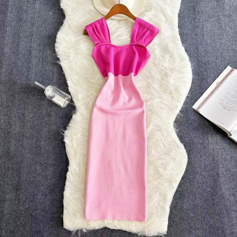 2024 Patchwork Knit Elastic Bodycon Dress Chic Beach Dresses Women Casual  Slim Pencil Vestidos Maxi Long Dress size One size Color Blue