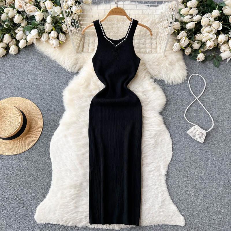 Summer Long Knitted Dress Spaghetti Strap Elastic Waist Slim Bodycon  Sundress Women Sheath Black Maxi Dress Outfits size One size Color Black