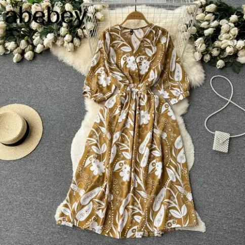 Summer Holiday Floral Beach Wrap Dress Women V Neck Short Sleeves Chic A  Line Dress Bohemian Vintage Print Long Dress size One size Color Beige