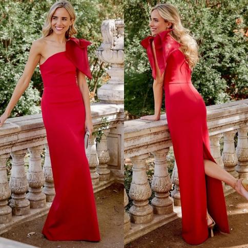 aleeshuo simple red mermaid prom dress satin one shoulder evening dress pleated bow backless فستان سهرة floor l