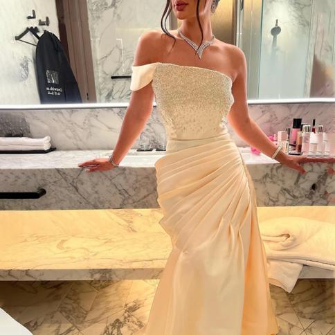 Aleeshuo Saudi Arabia Mermaid Evening Dress Pleat One Shoulder Formal Women  Sleeveless Floor-length Prom Party Gowns 20 Color Gold US Size 10
