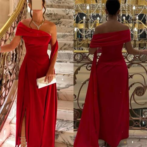aleeshuo אלגנטית בשורה אדומה שמלת נשף ארוכה מקופלת מהכתף שמלת ערב שמלת ערב גבוהה עם שסע שמלות שמלות צד