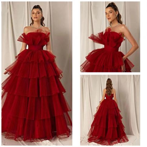 aleeshuo red a-line long prom dress sleeveless tulle strapless prom gown tiered pleat party dress فستان سهرة  v