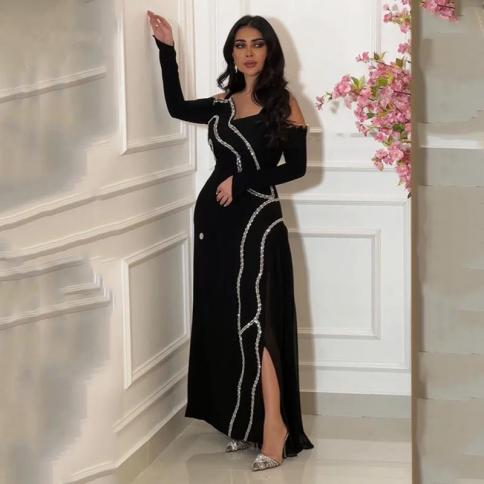aleeshuo מודרני שחור ערב הסעודית שמלת נשף בשורה ארוכה שרוולים ארוכים שסע צד מבריק חרוזים מבריק שמלת ערב באורך הקרסול