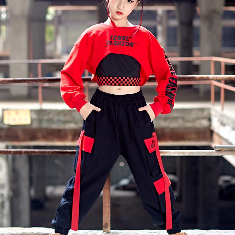 2022 Girls Kpop Hip Hop Clothes Jazz Dance Costume Red Crop Tops