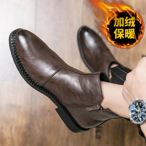 Winter Fur Inside Luxury Men's Leather Boots Fashion Warm Dress Boots Men  Ankle Boots British Style Chelsea Boot Male Si Color Brown Shoe Size 45