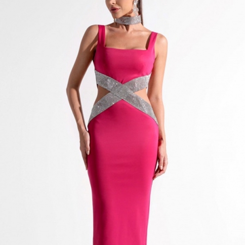 strapless open back dress Midnight Red Rhinestone Dress (Ready To Ship) – AMEKANA main image 1