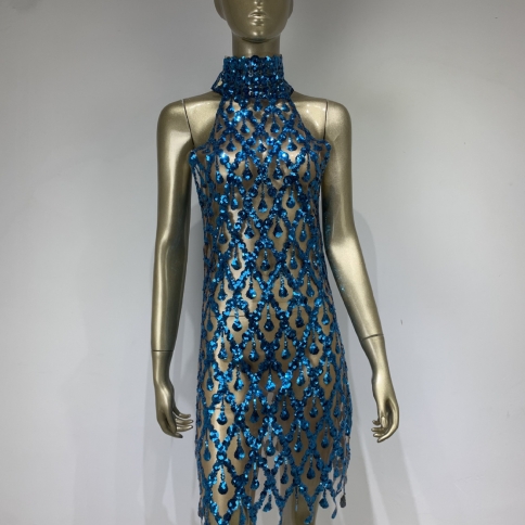 Spot Blue Sequin See-through Skirt And See Through Dress Banquet Party Dress  Color Peacock blue size One size fits all
