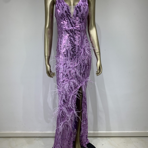 s Hot-selling And Fashion Party Dress Suspender Sequin Feather  Leg-revealing Long Dress Birthday Party size XS Color Violet