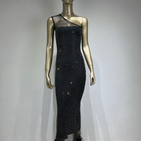 one shoulder fishnet dress SELF-PORTRAIT Hotfix Fishnet One Shoulder Maxi Dress