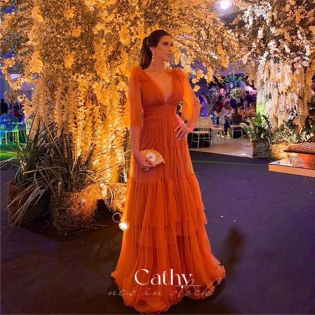 cathy puffy sleeve aline prom dress orange multilayer evening dress organza فستا�