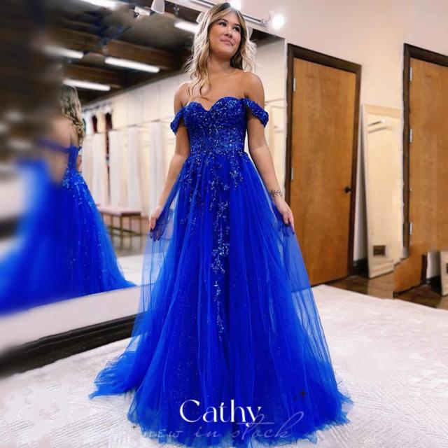 cathy sweet sapphire blue prom dress 2023 lace embroid evening dress side split فس�