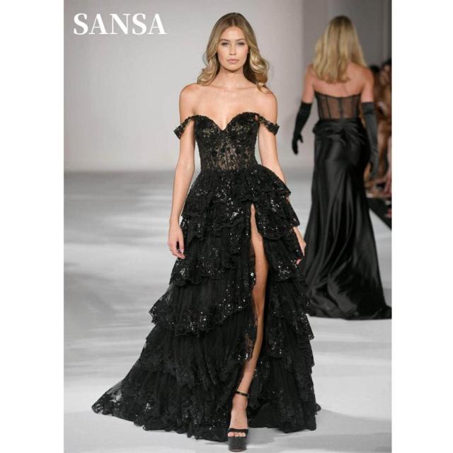 Sansa יוקרה גליטה תחרה שמלת נשף שחור תחרה שחורה vestidos de noche off shou