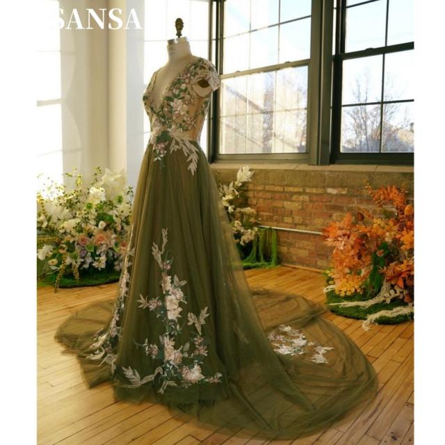 Sansa Boho Vneck Aline LATE LACE שמלת הנשף הנסיכה הנסיכה ירוק טול שמלות ערב S