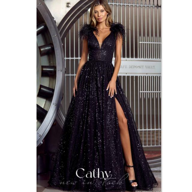 Cathy Glitter Sequins Aline Prom Dress Shiny Black Evening Dress Feather On  Shoulder Color MULTI US Size 16W
