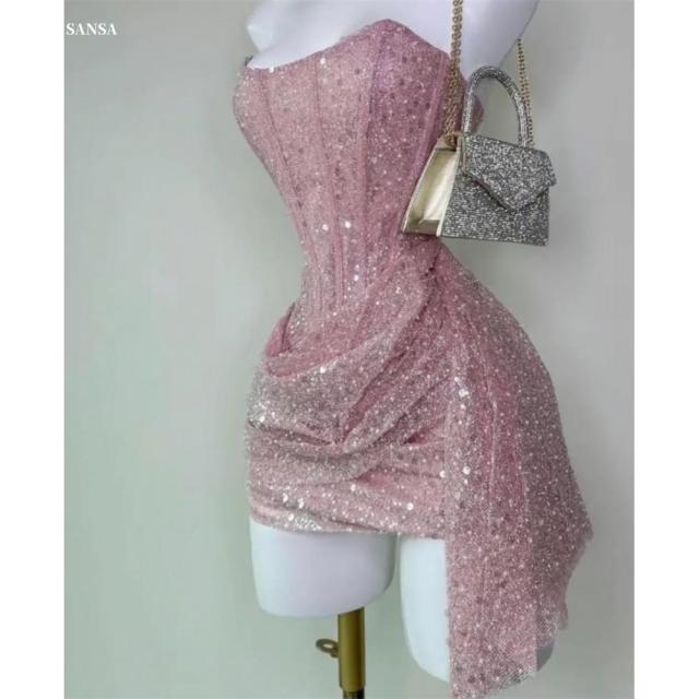 sansa customized shiny sequins strapless mini prom dresses zip pink beaded فساتي