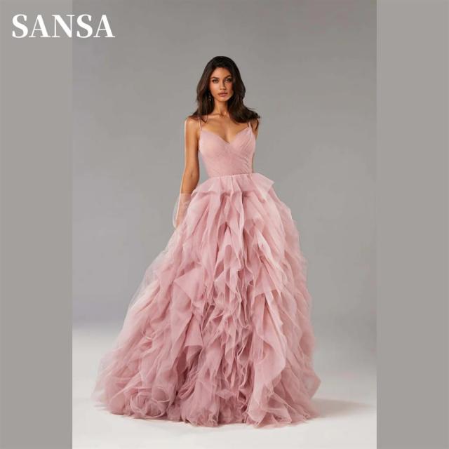 Sansa אלגנטי קצה תלתל שמלת נשף עירום ורוד vestidos de noche נסיכה ספגטי str