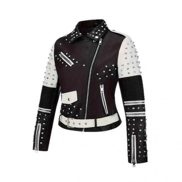 מעיל עור אופנתי אופנתי שחור ולבן ניגודיות לאופנוע עם מרובה