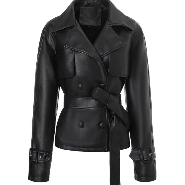 מעיל עור pu אופנתי פופולרי עם מעיל אופנוע כפול חזה ומותניים להיות