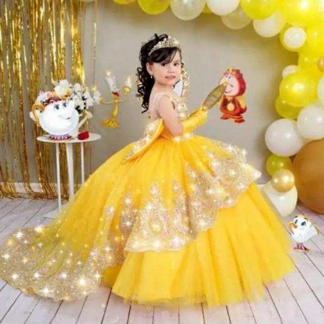 שמלת נסיכה לילדות של jdy גולדן מותאמת אישית בשכבות טול שמלת ילדה, חרוז לפעוטות