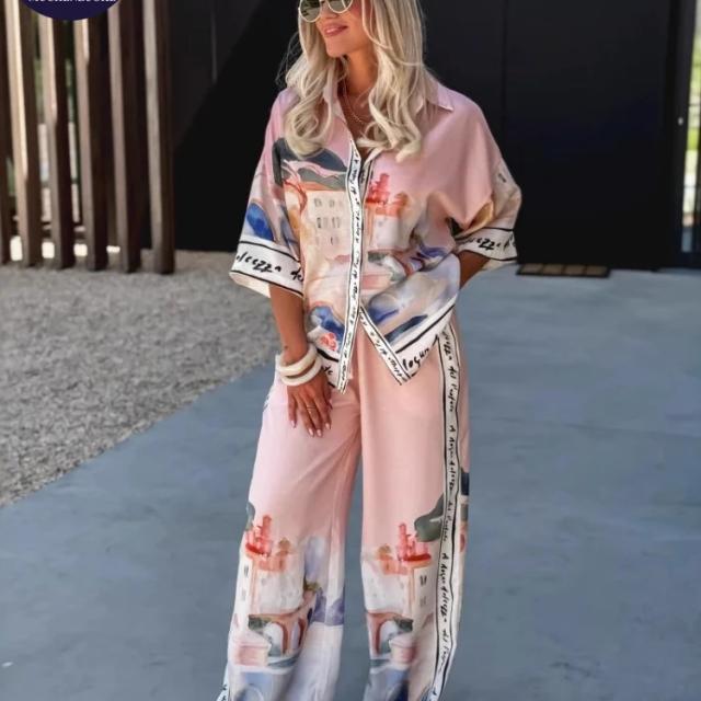 סט 2 חלקים לאישה קיץ חדש ואלגנטי מודפס עם חצי שרוולים חולצות חולצות חליפות פאשי