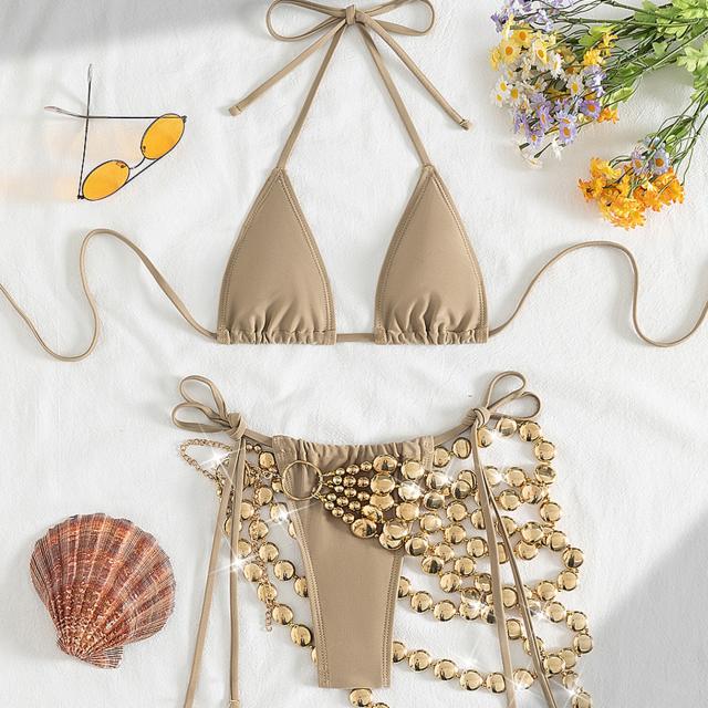 סט ביקיני חאקי חדש 2025 נשים חצאית שרשרת חלולה בגד ים 3 חלקים רחצה חוף